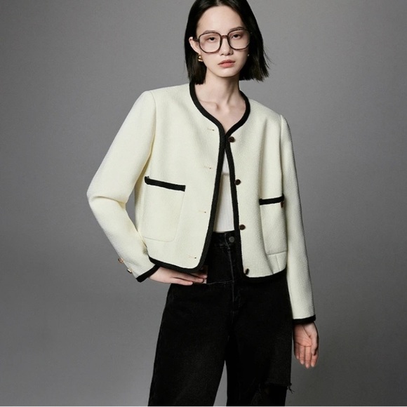 NET Jackets & Blazers - White Oversized Jacket with Navy Piping